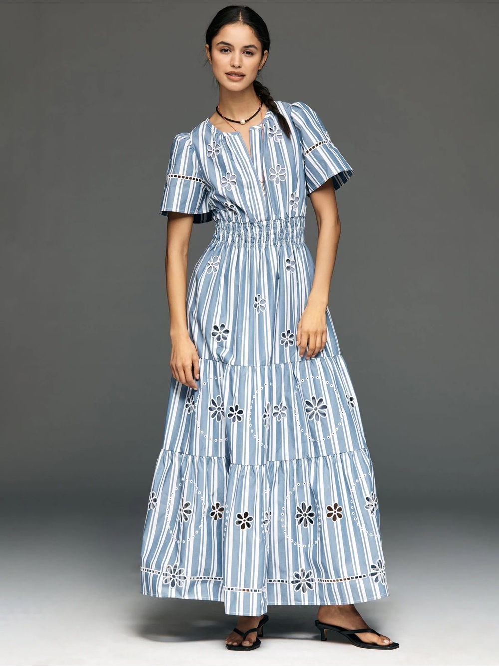 NWT Blue and White Striped Somerset Cotton Embroidered Eyelet Maxi Dress 1X